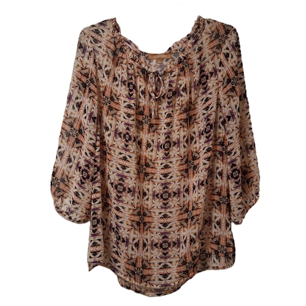 Ellen Tracy Semi Sheer Boho Peasant Blouse Sz L